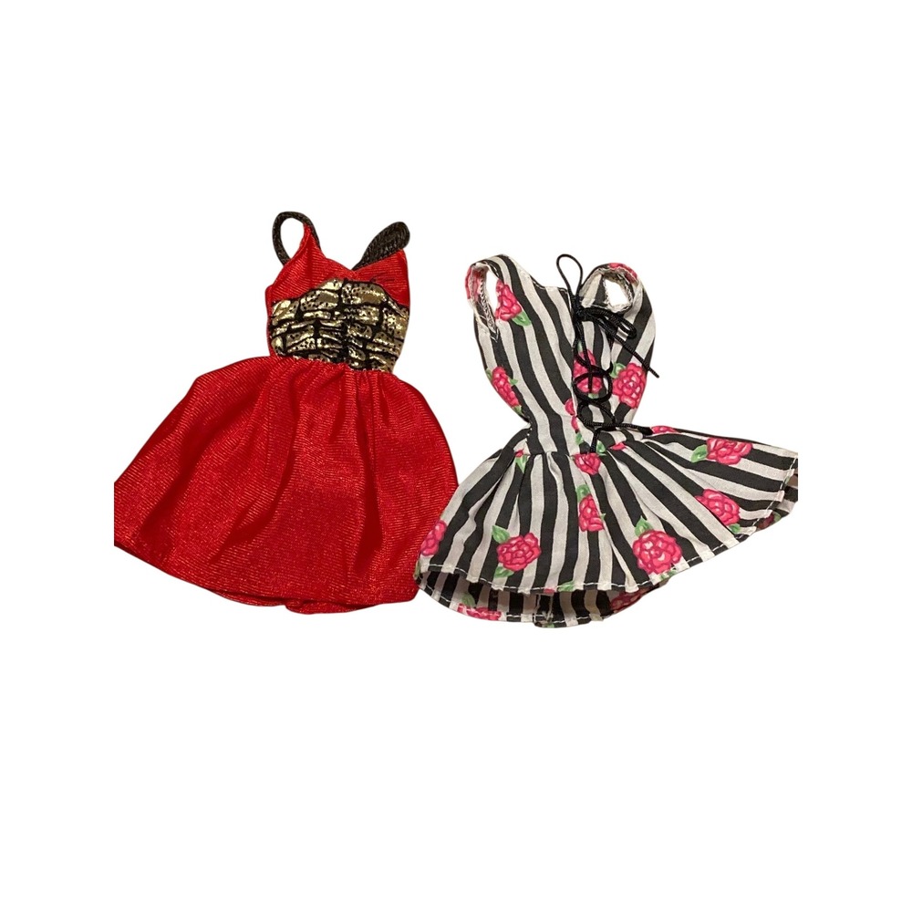Genuine Barbie Doll Clothes Lot Red Gold Gown & Striped Floral Rose Dress